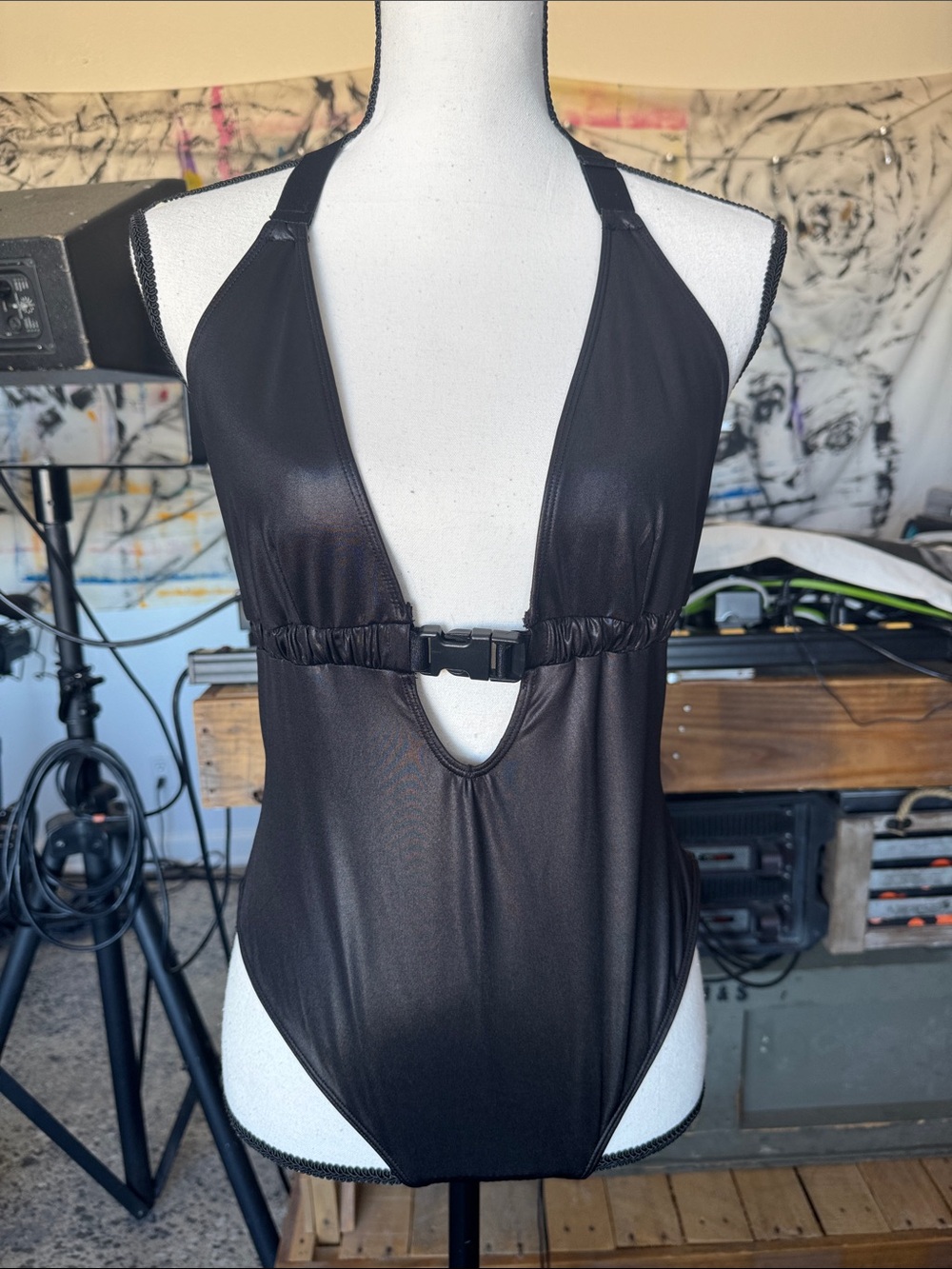 Like New Shiny Stretchy Black Halter Bodysuit